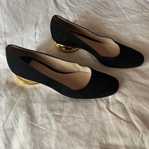 Black suede Stuart Weitzman gold sculptural heel daria flats pumps in size 7